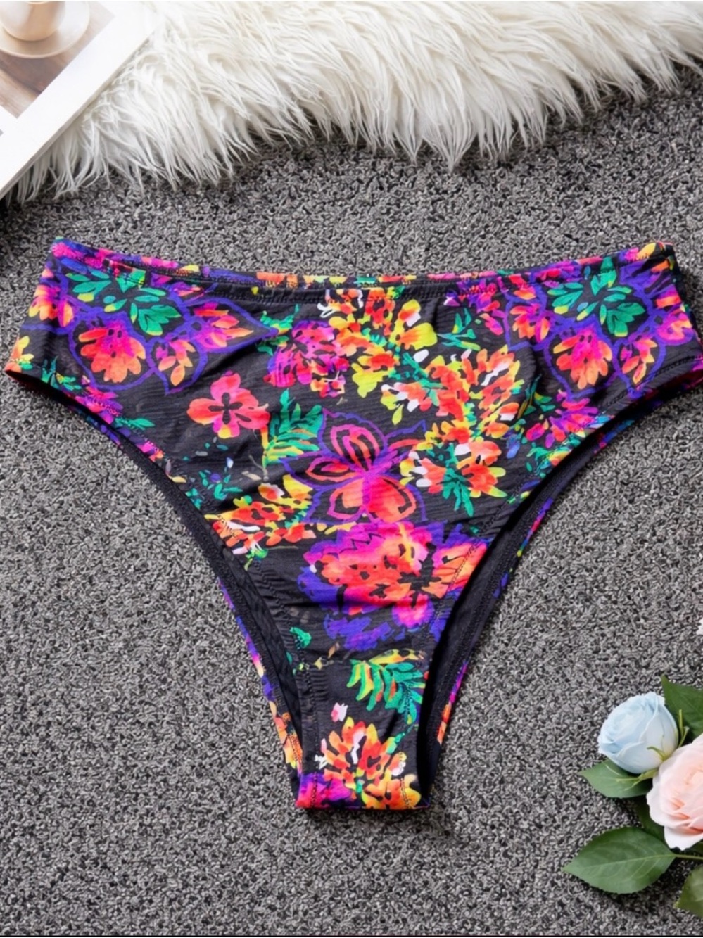 RELLECIGA Black Size Small Multicolor Floral Swimwear Bottoms High Cut and Waist